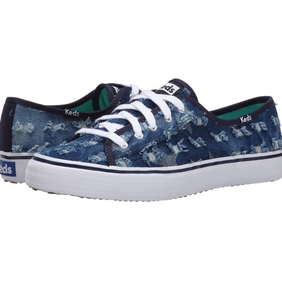 Keds Double Up Distressed Denim Canvas Sneakers Stars Indigo Women's 9.5 Casual - Picture 1 of 13